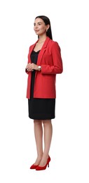 Beautiful woman in red jacket and black dress on white background