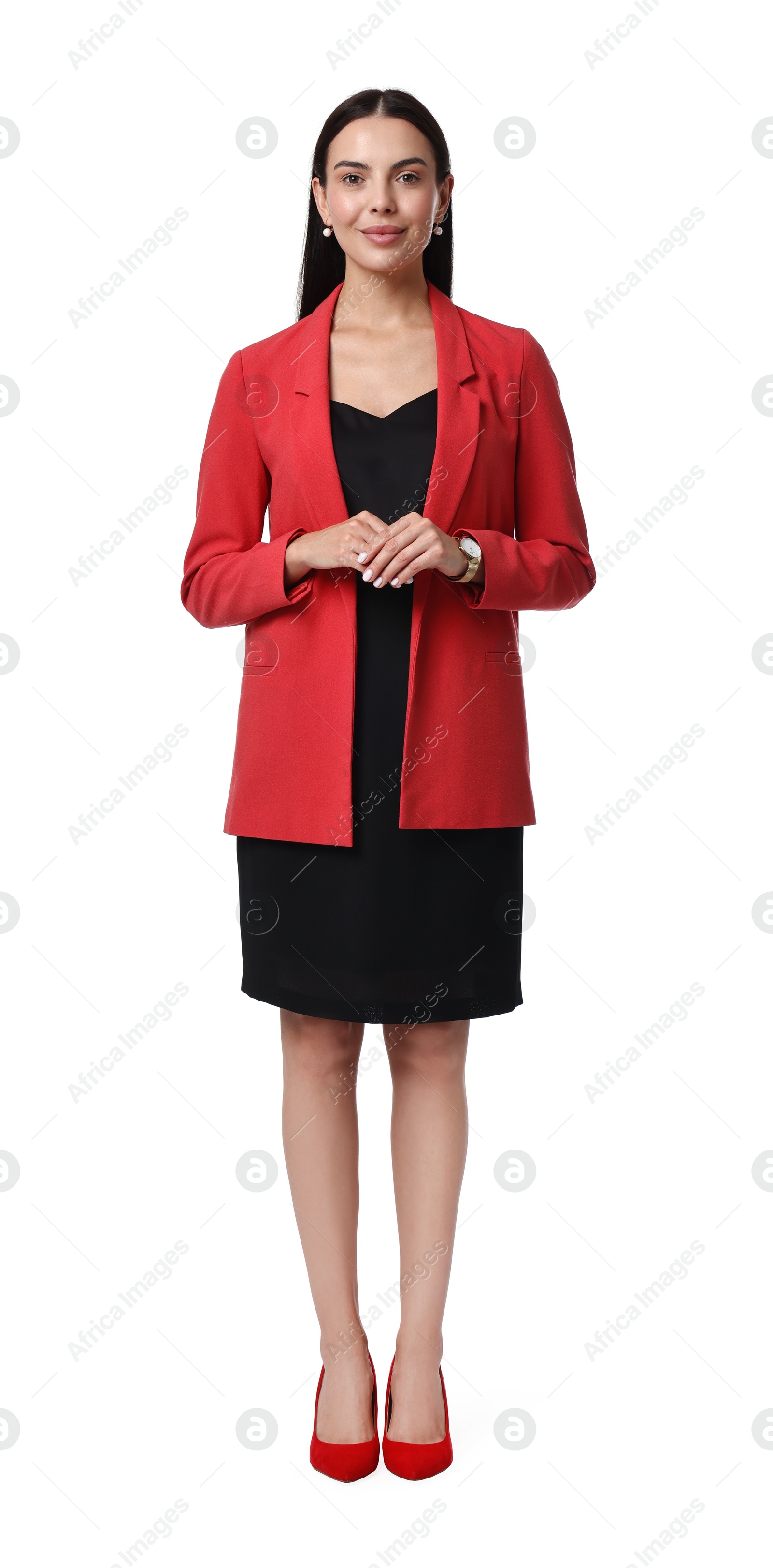 Photo of Beautiful woman in red jacket and black dress on white background