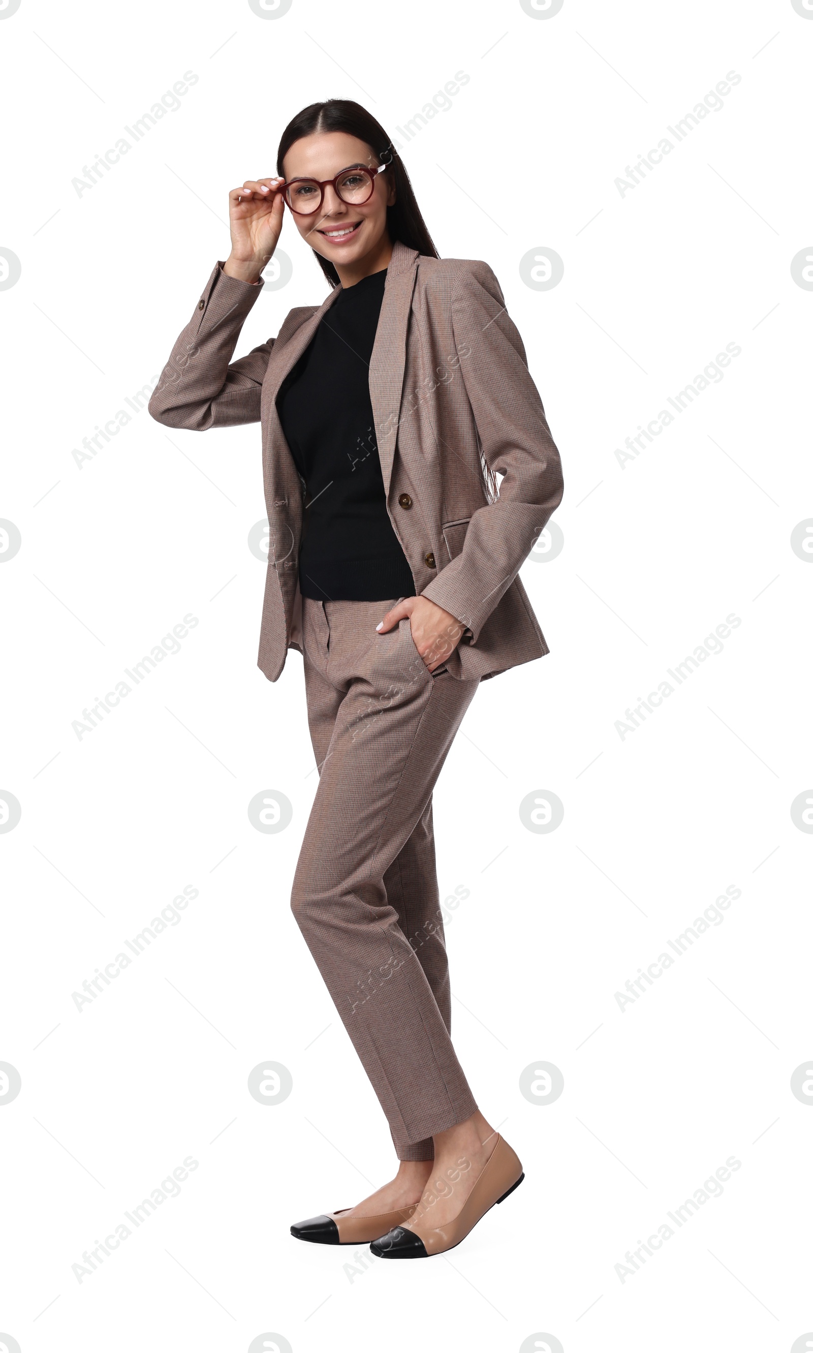 Photo of Beautiful woman in beige suit and glasses on white background