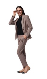 Photo of Beautiful woman in beige suit and glasses on white background