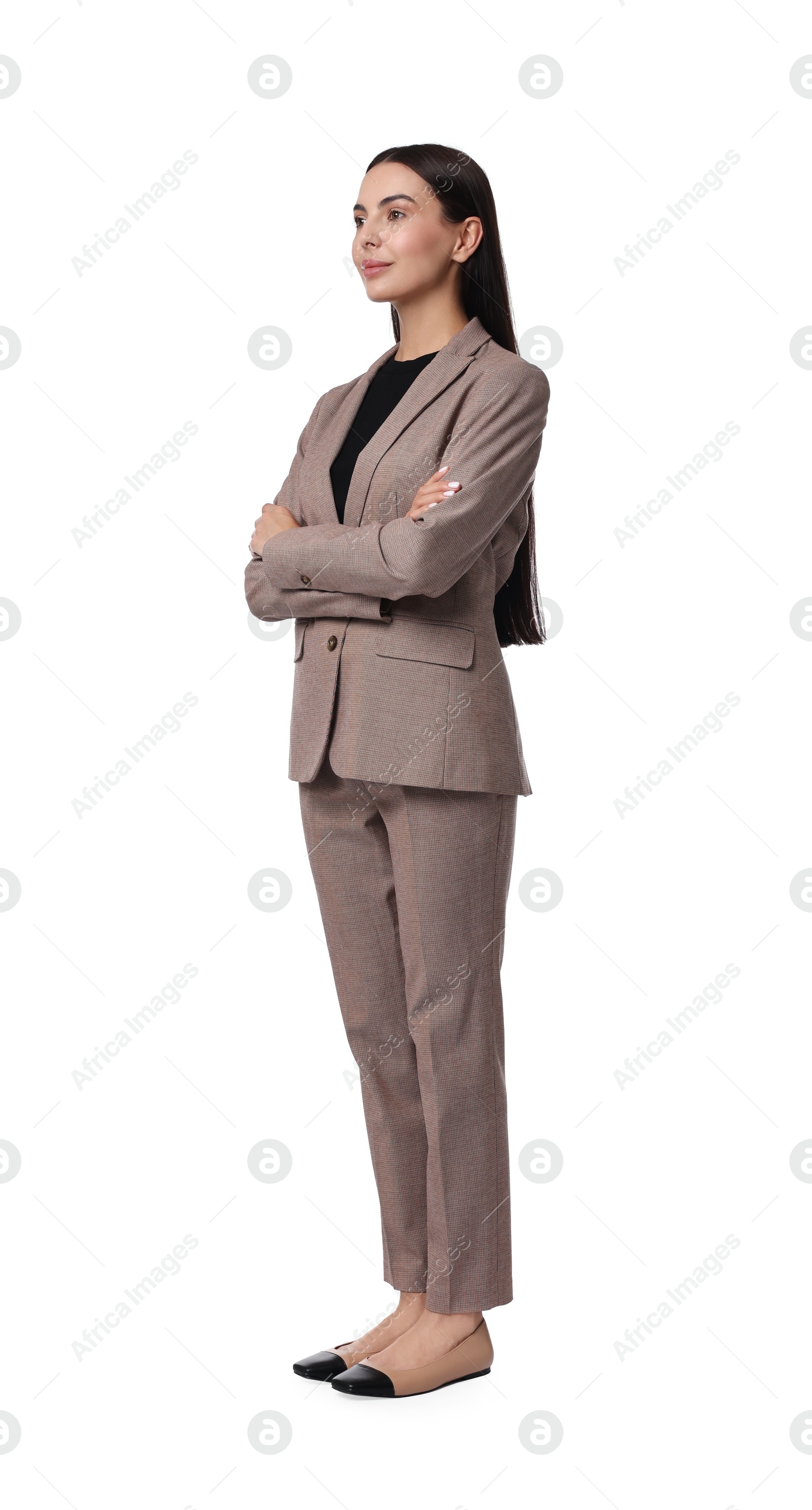 Photo of Beautiful woman in beige suit on white background