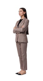 Photo of Beautiful woman in beige suit on white background