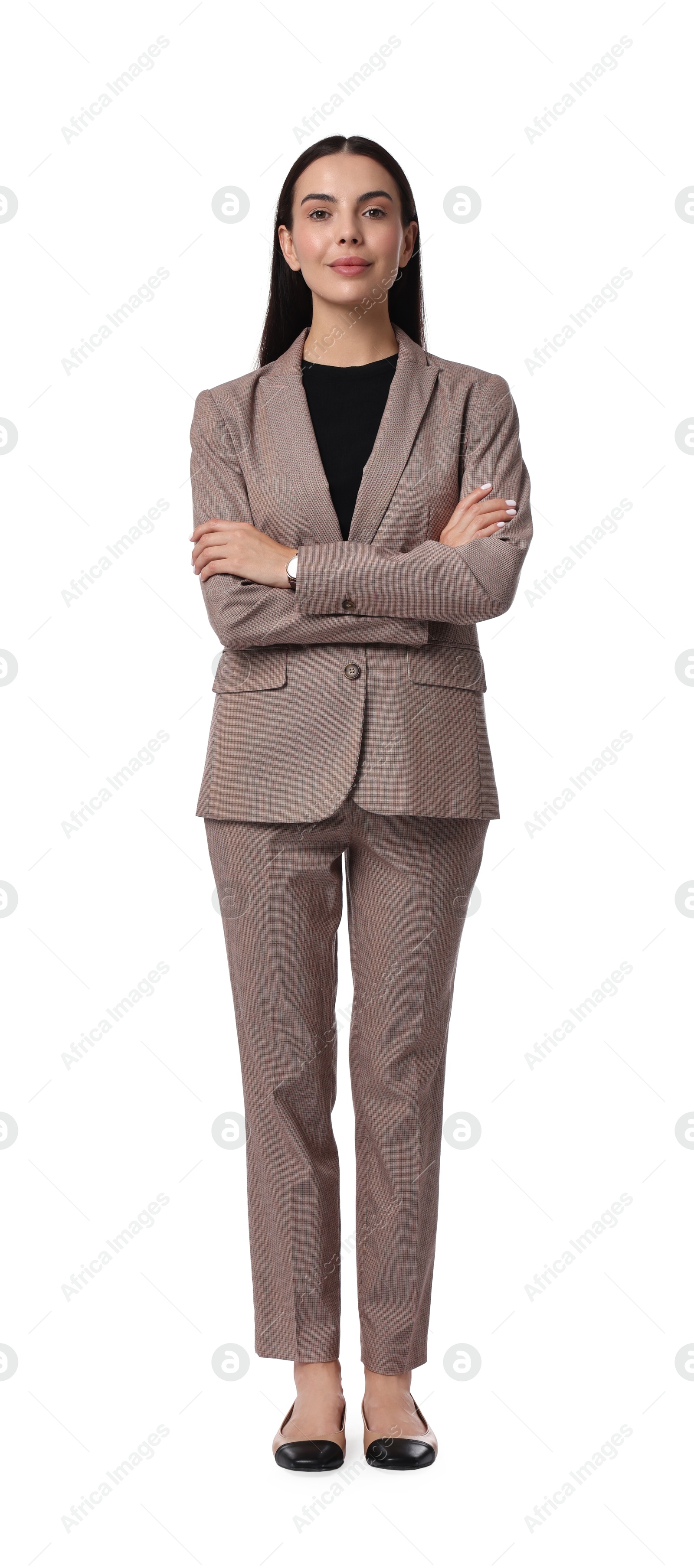 Photo of Beautiful woman in beige suit on white background