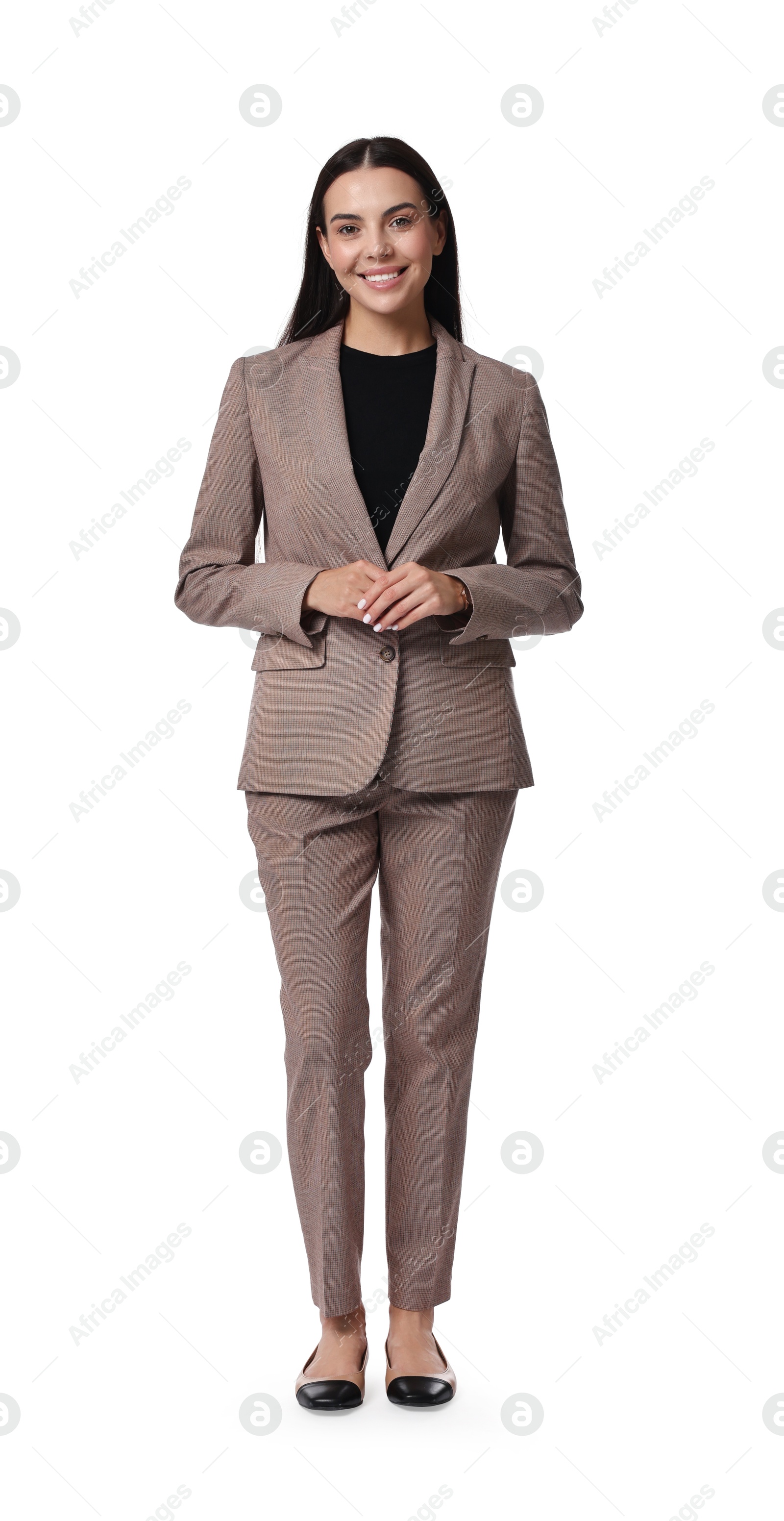 Photo of Beautiful woman in beige suit on white background