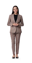 Beautiful woman in beige suit on white background