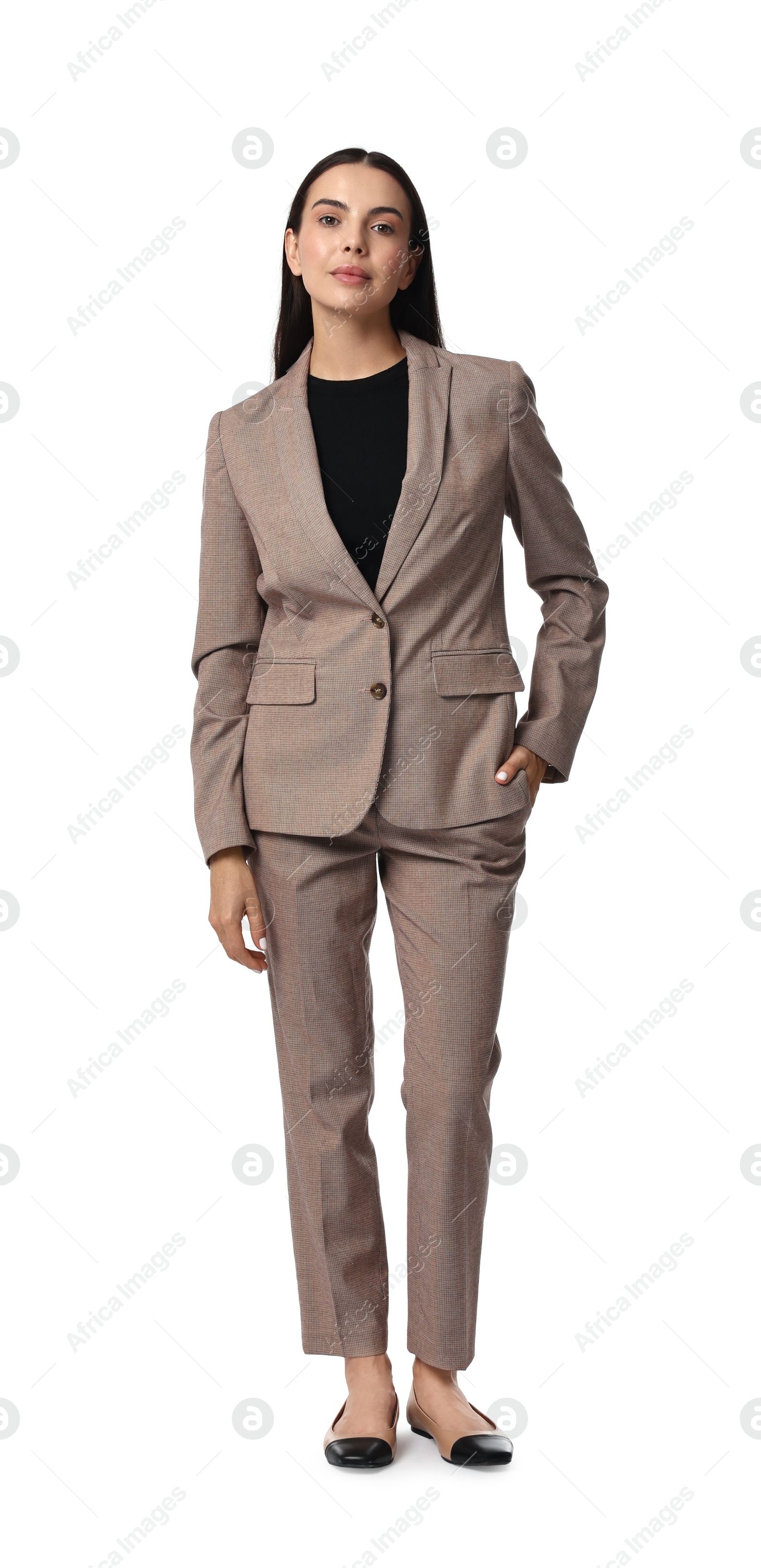 Photo of Beautiful woman in beige suit on white background