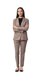 Photo of Beautiful woman in beige suit on white background