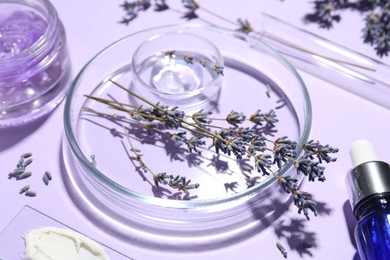 Photo of Petri dishes with lavender flowers and cosmetic products on violet background, closeup