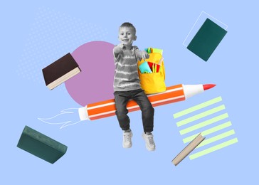 Creative collage with boy flying on rocket-pencil among books against color background. Back to school