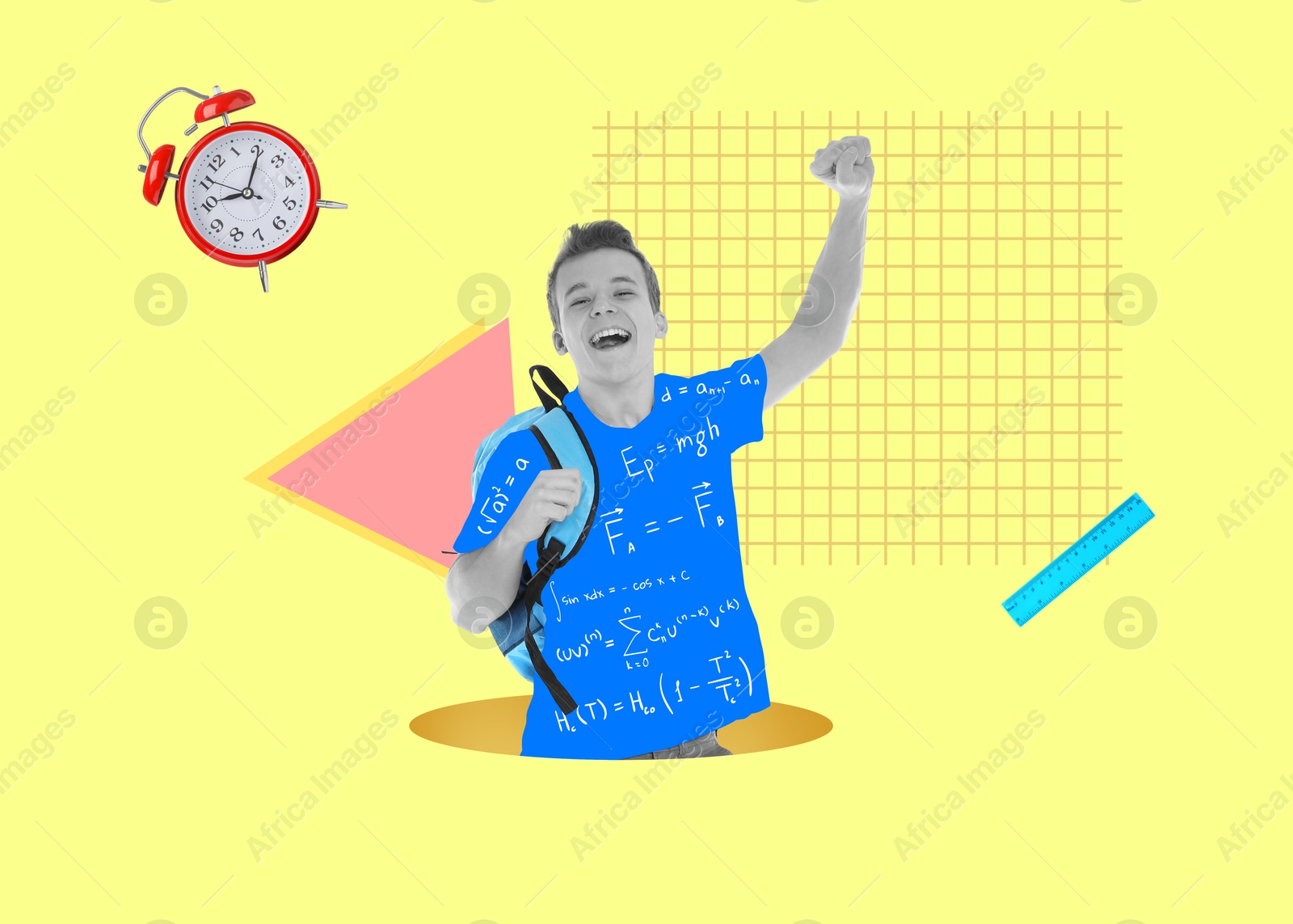 Image of Boy in t-shirt with formulas on color background, creative collage. Back to school