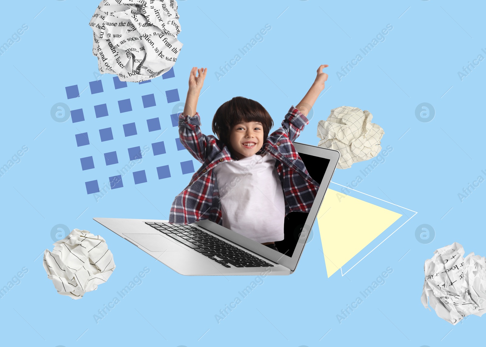 Image of Creative collage with boy appearing from laptop on color background. Back to school