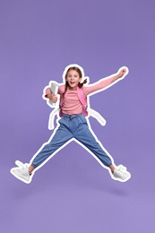 Image of Happy school child with backpack jumping on violet background