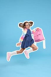 Happy school child with backpack jumping on light blue background