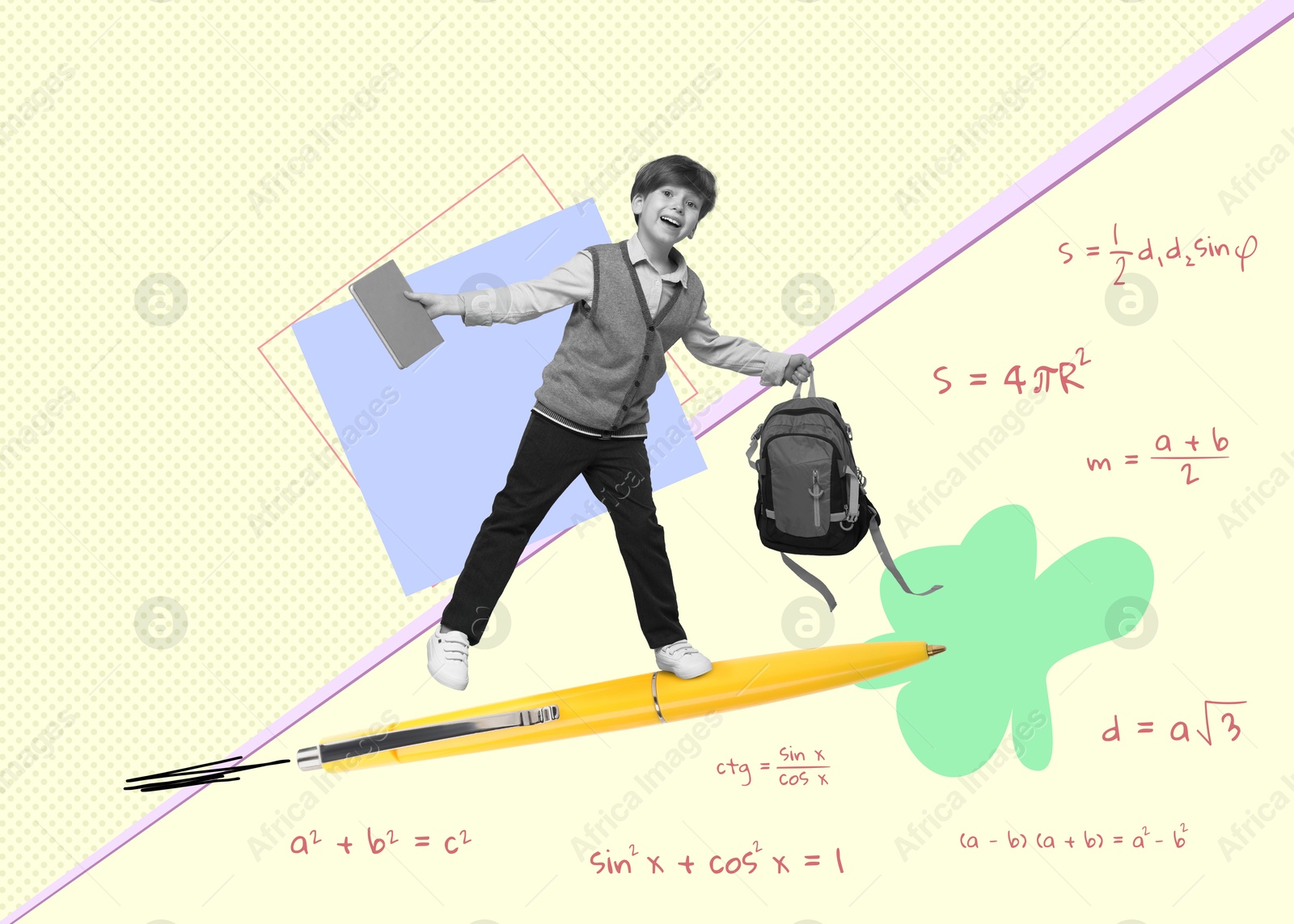 Image of Creative collage with boy flying on rocket-pen on color background. Back to school