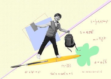 Creative collage with boy flying on rocket-pen on color background. Back to school