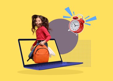 Image of Creative collage with girl jumping out of laptop on color background. Back to school