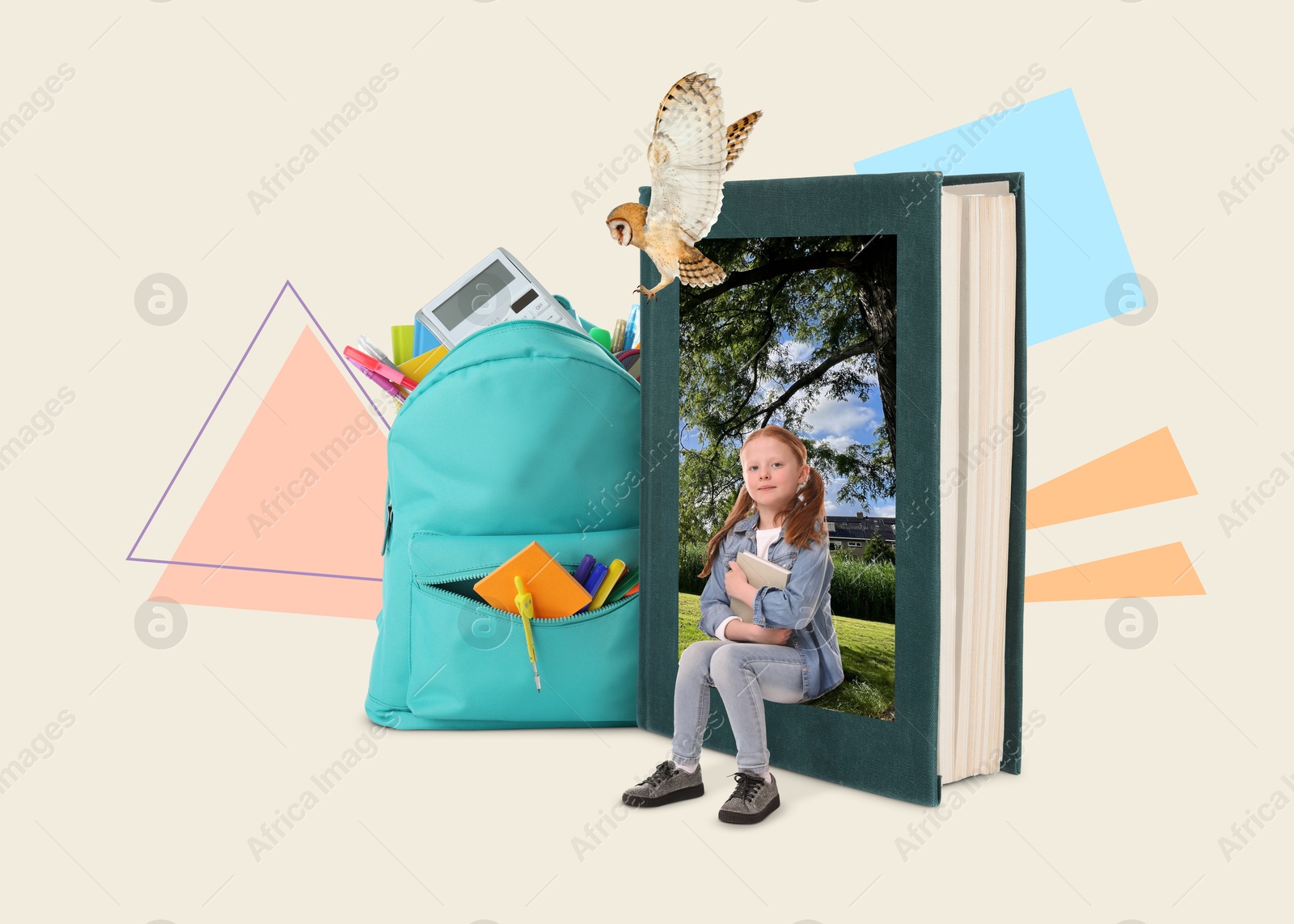 Image of Creative collage with girl appearing from book cover on color background. Back to school