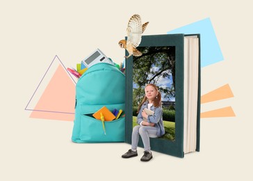 Image of Creative collage with girl appearing from book cover on color background. Back to school