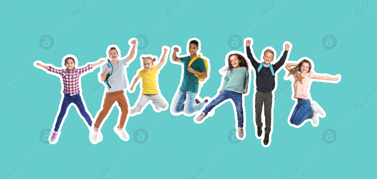 Image of Cheerful children jumping together on turquoise background