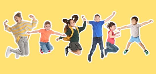 Image of Cheerful children jumping together on yellow background