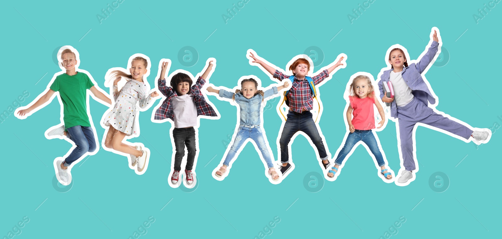 Image of Cheerful children jumping together on turquoise background