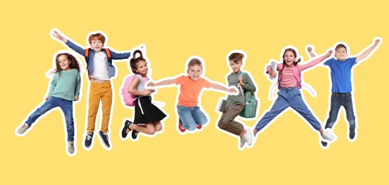 Image of Cheerful children jumping together on yellow background