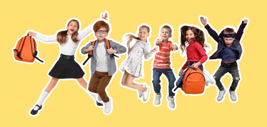 Image of Cheerful children jumping together on yellow background