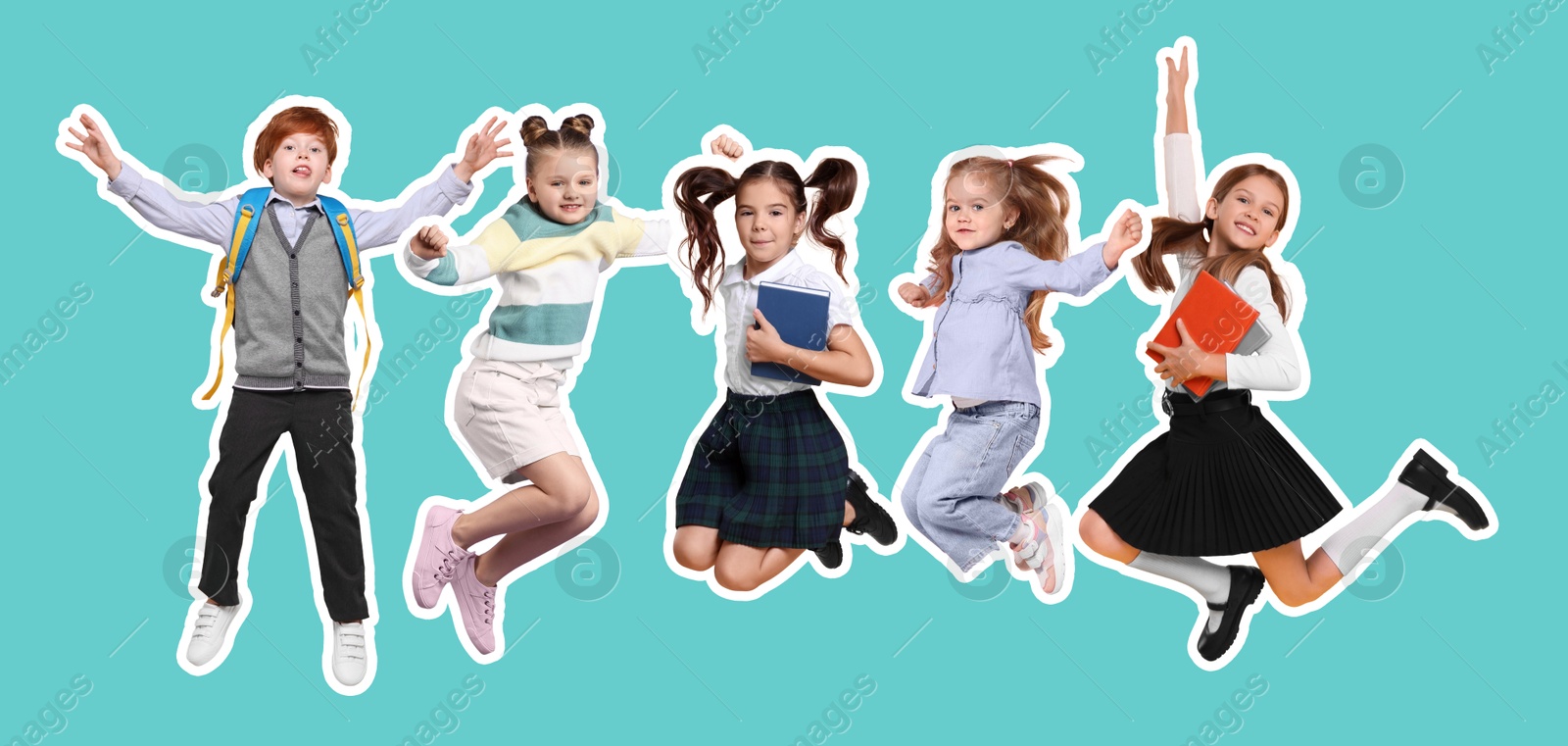 Image of Cheerful children jumping together on turquoise background