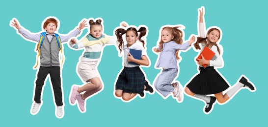 Cheerful children jumping together on turquoise background