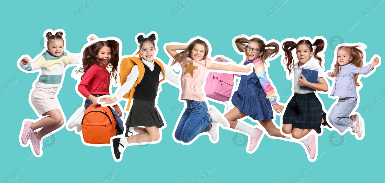 Image of Cheerful children jumping together on turquoise background