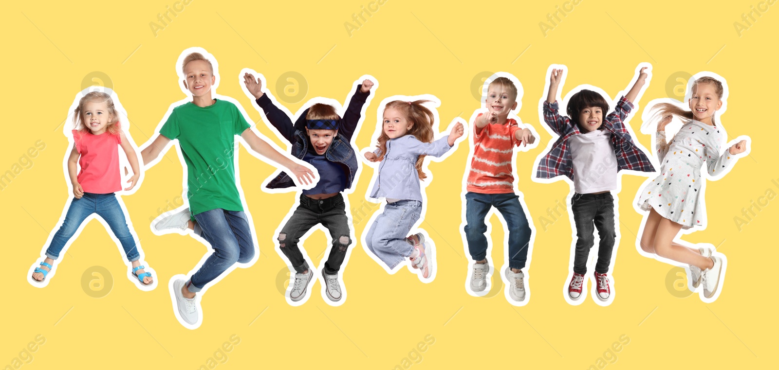 Image of Cheerful children jumping together on yellow background