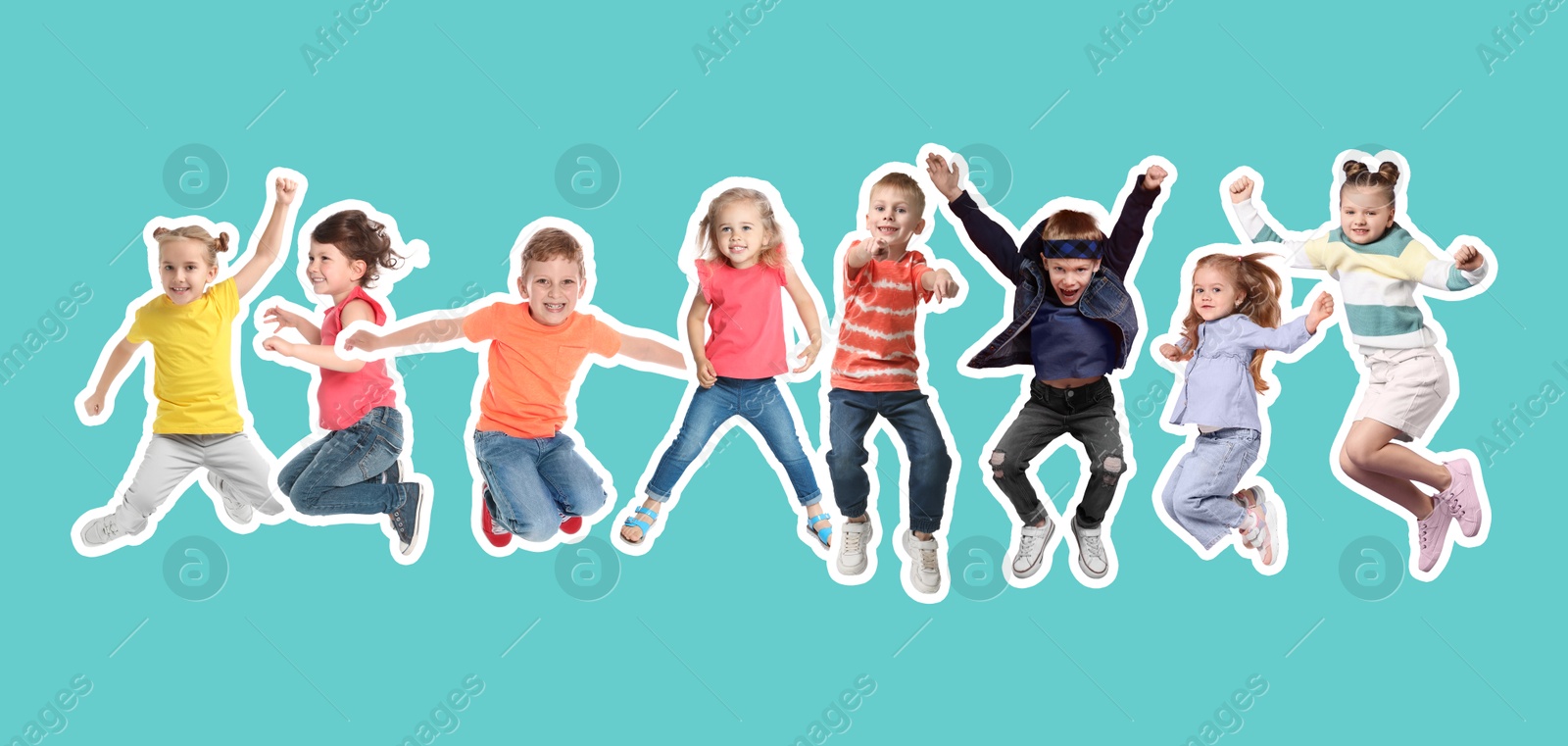 Image of Cheerful children jumping together on turquoise background