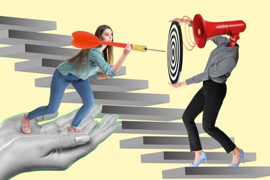 Image of Targeting. Creative art collage with people, bullseye, dart and loudspeaker on beige background