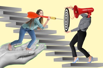 Targeting. Creative art collage with people, bullseye, dart and loudspeaker on beige background