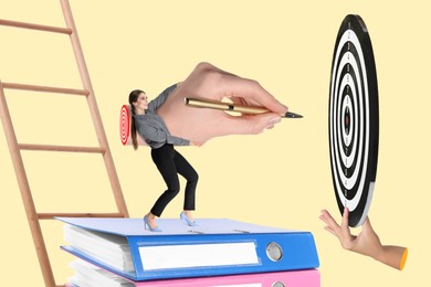 Targeting. Creative art collage with woman, people's hands, ladder and bullseye on beige background