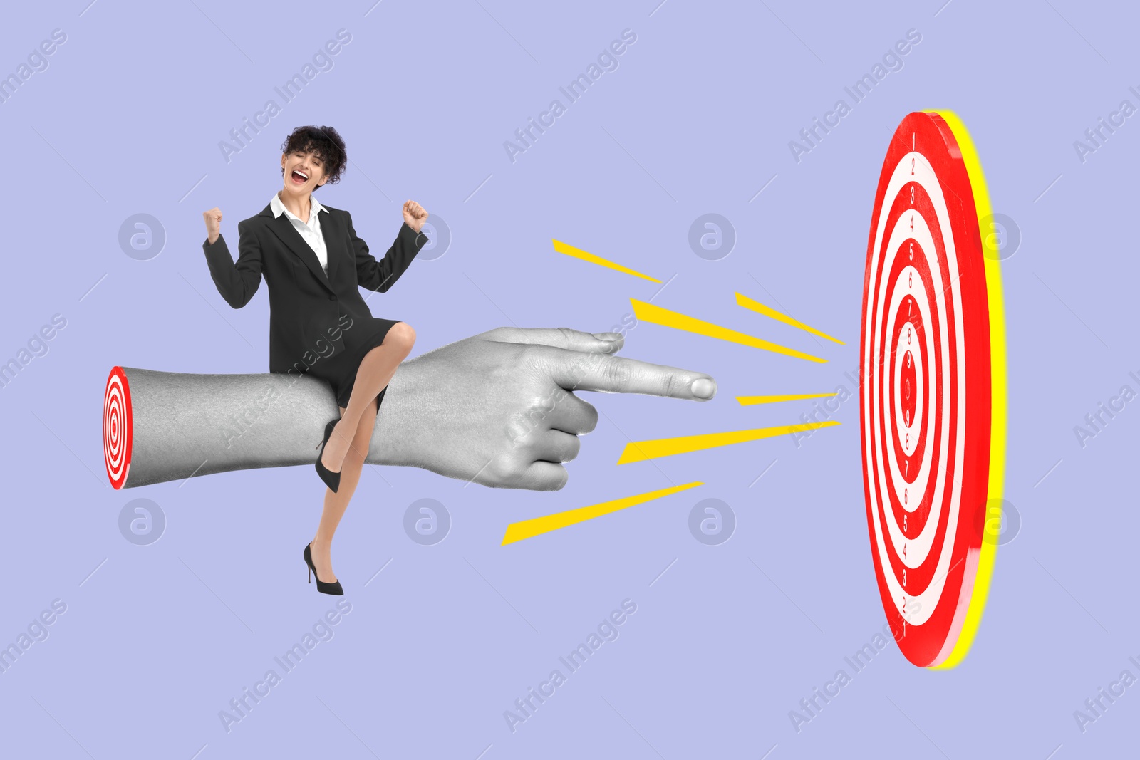 Image of Targeting, creative art collage. Happy businesswoman on female hand flying into bullseye against lavender background