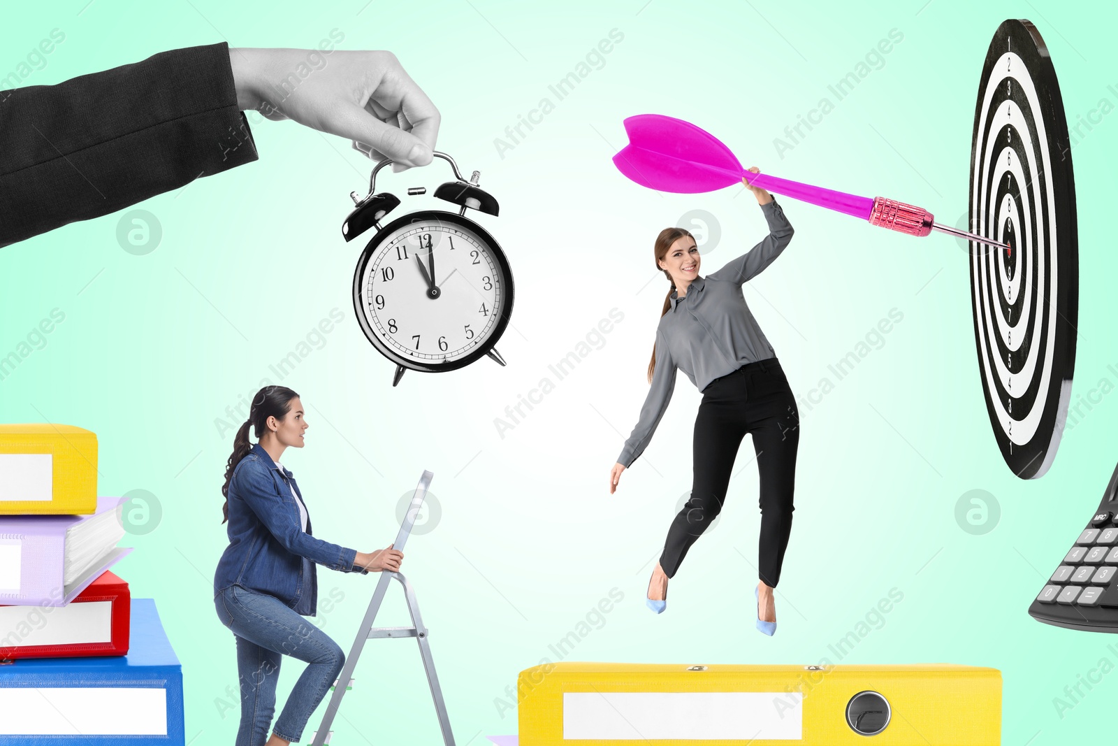 Image of Targeting. Creative art collage with people, bullseye, alarm clock and folders on turquoise background