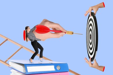 Targeting. Creative art collage with woman, people's hands, ladder and bullseye on light blue background