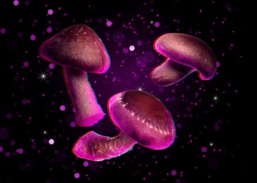 Image of Hallucinogenic mushrooms in air on black background with blurred lights, glitch effect