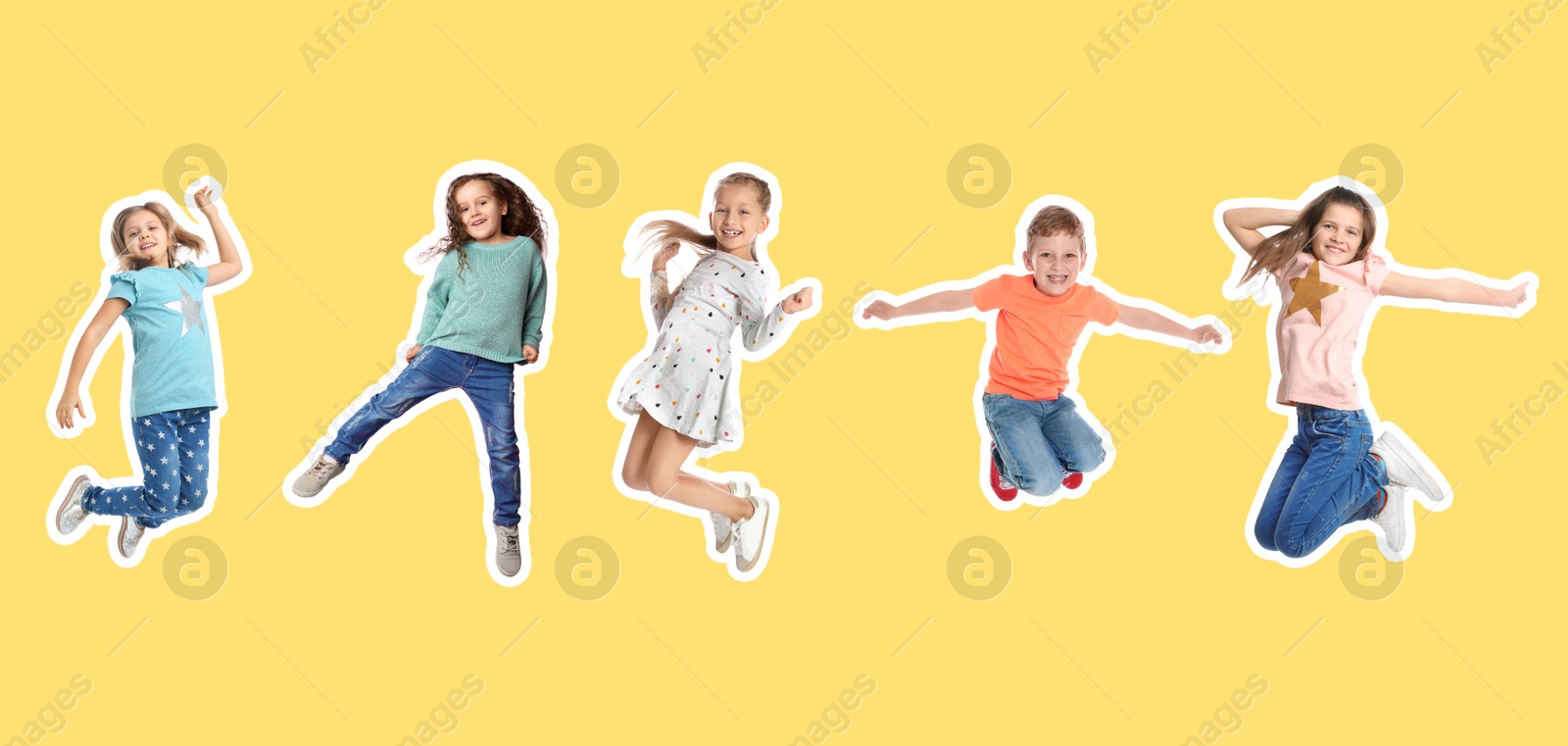 Image of Cheerful children jumping together on yellow background