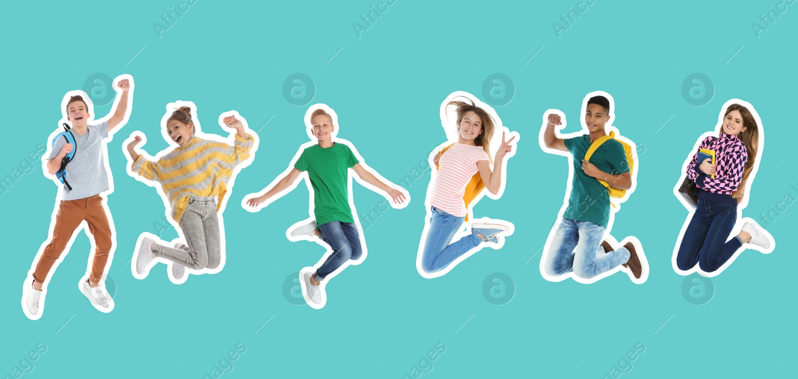 Image of Cheerful teenagers jumping together on turquoise background