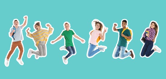 Cheerful teenagers jumping together on turquoise background