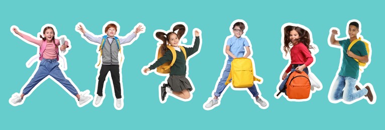 Image of Cheerful school children jumping together on turquoise background