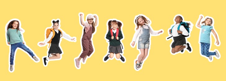 Image of Cheerful children jumping together on yellow background