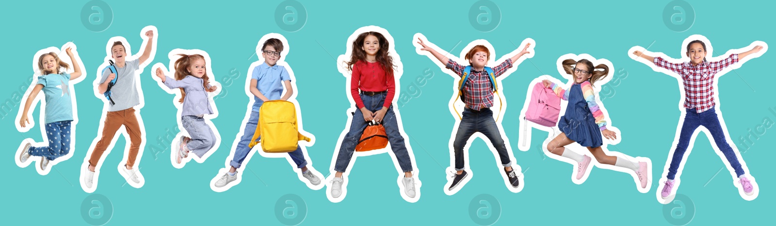 Image of Cheerful children jumping together on turquoise background