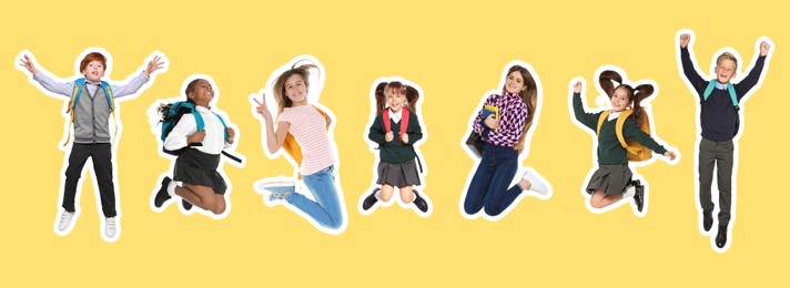 Image of Cheerful school children jumping together on yellow background