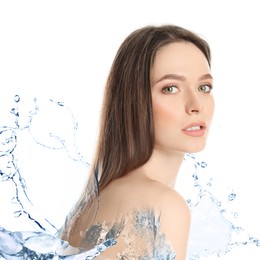 Image of Gorgeous woman and splashes of water on white background
