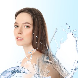 Image of Attractive woman and splashes of water on gradient background