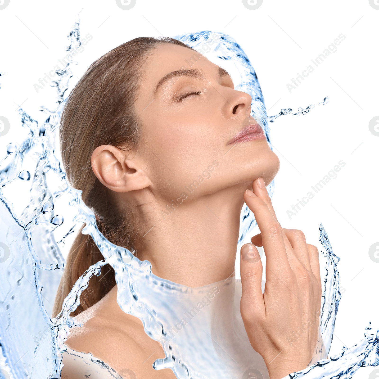 Image of Gorgeous woman and splashes of water on white background