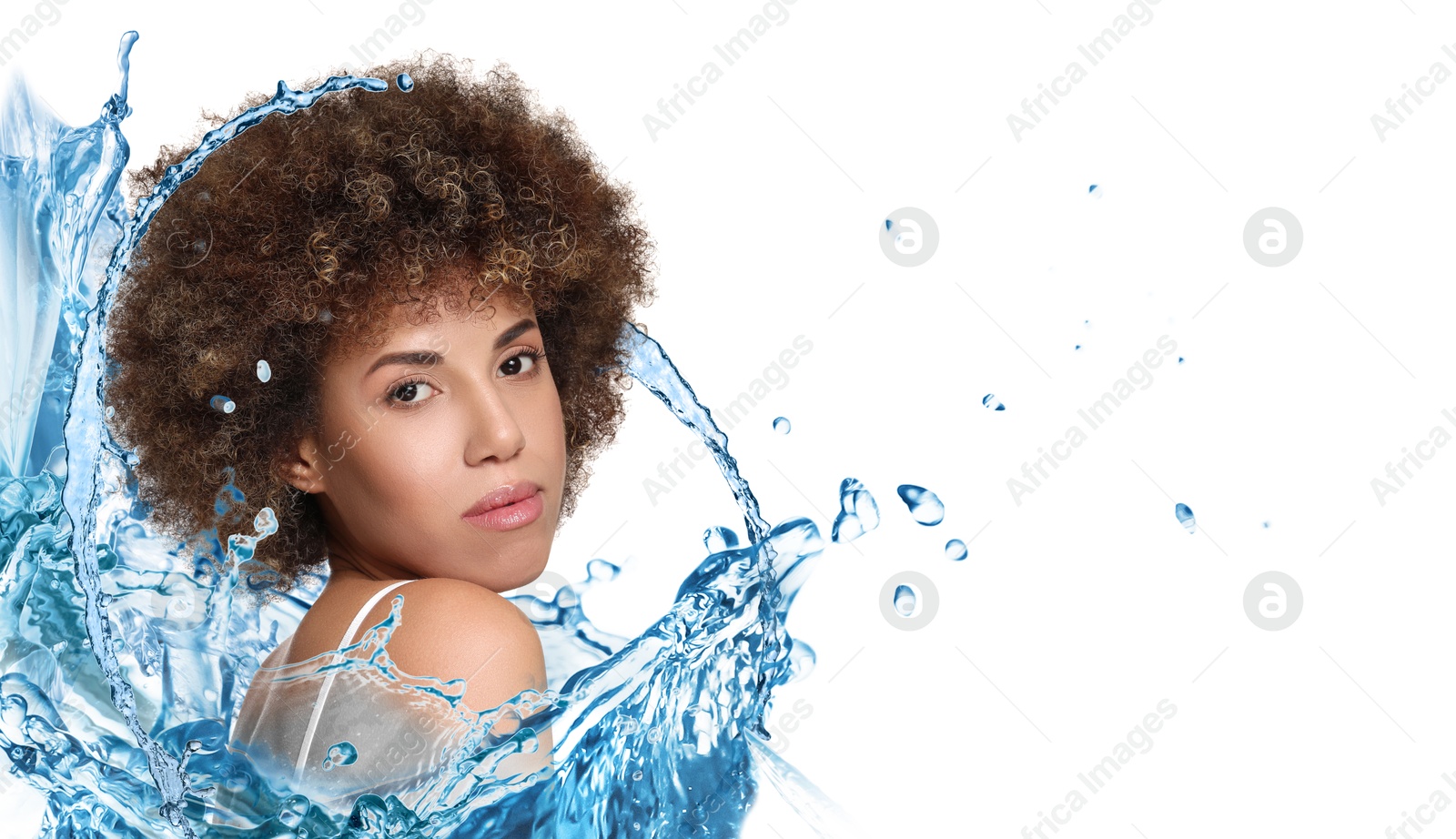 Image of Gorgeous woman and splashes of water on white background